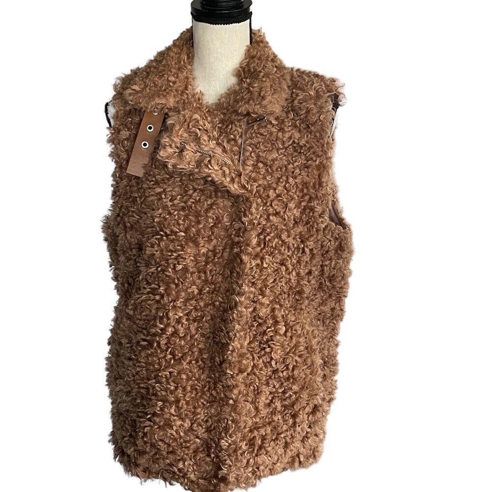 INC Small Faux Fur Vest Full-Zip Sleeveless Lined Pockets Collared Clay Tan New